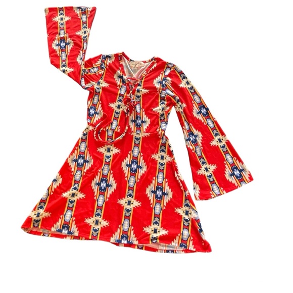 FREE PEOPLE LOVE SPELL Red Tribal Geometric Women’s Long Sleeve Medium Dress - Picture 6 of 15